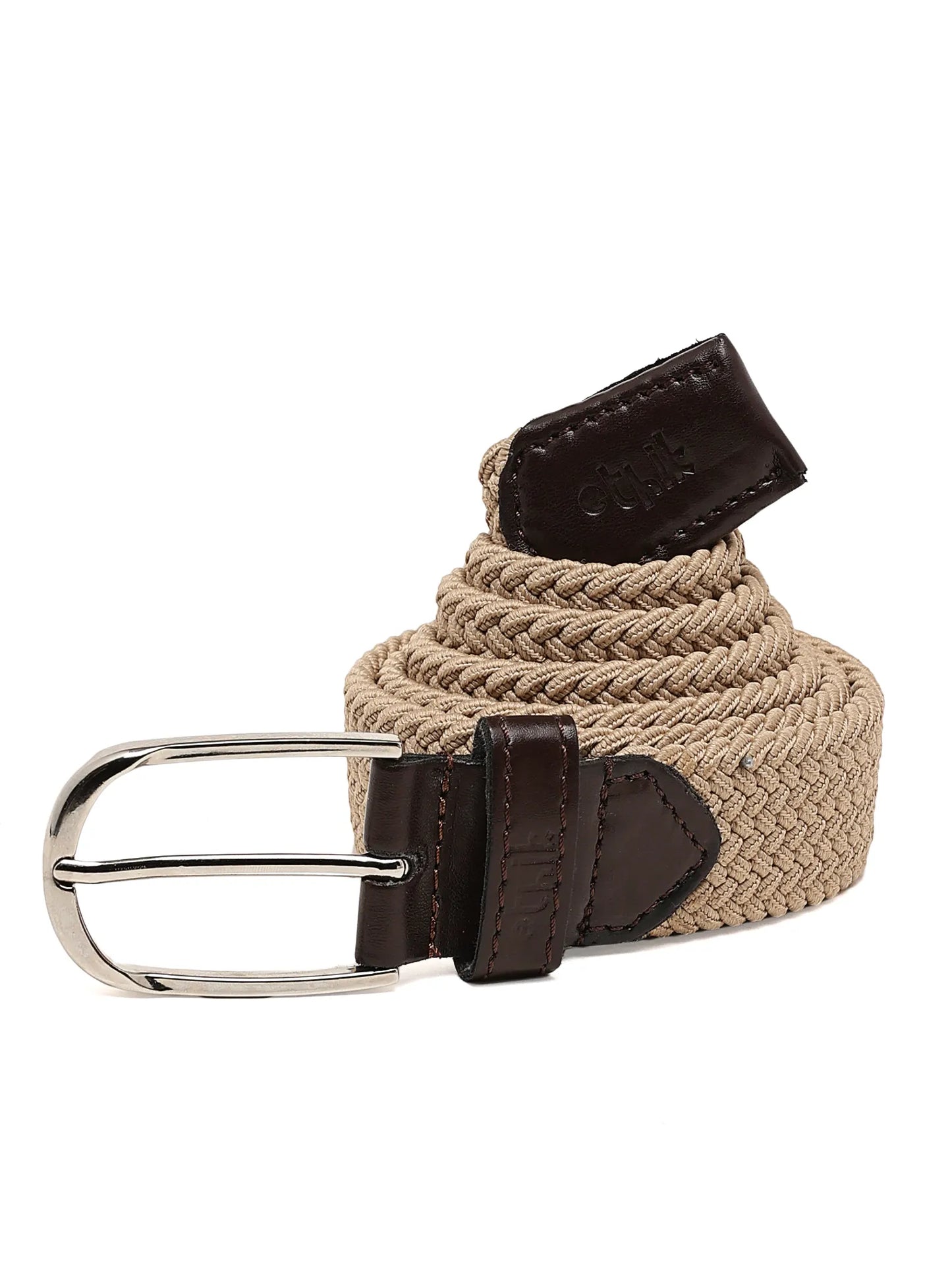 Beige woven belt with brown leather accents and silver buckle on a white background