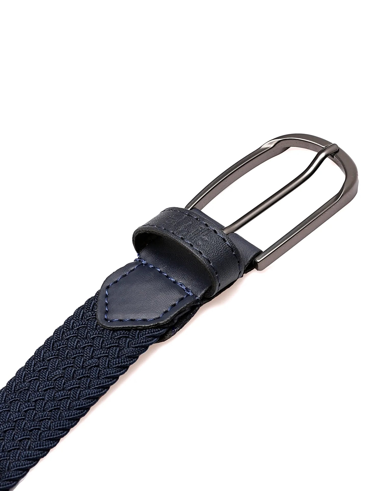 Navy blue woven belt with a silver buckle on a white background