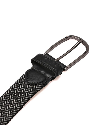 Black woven belt with a metal buckle on a white background