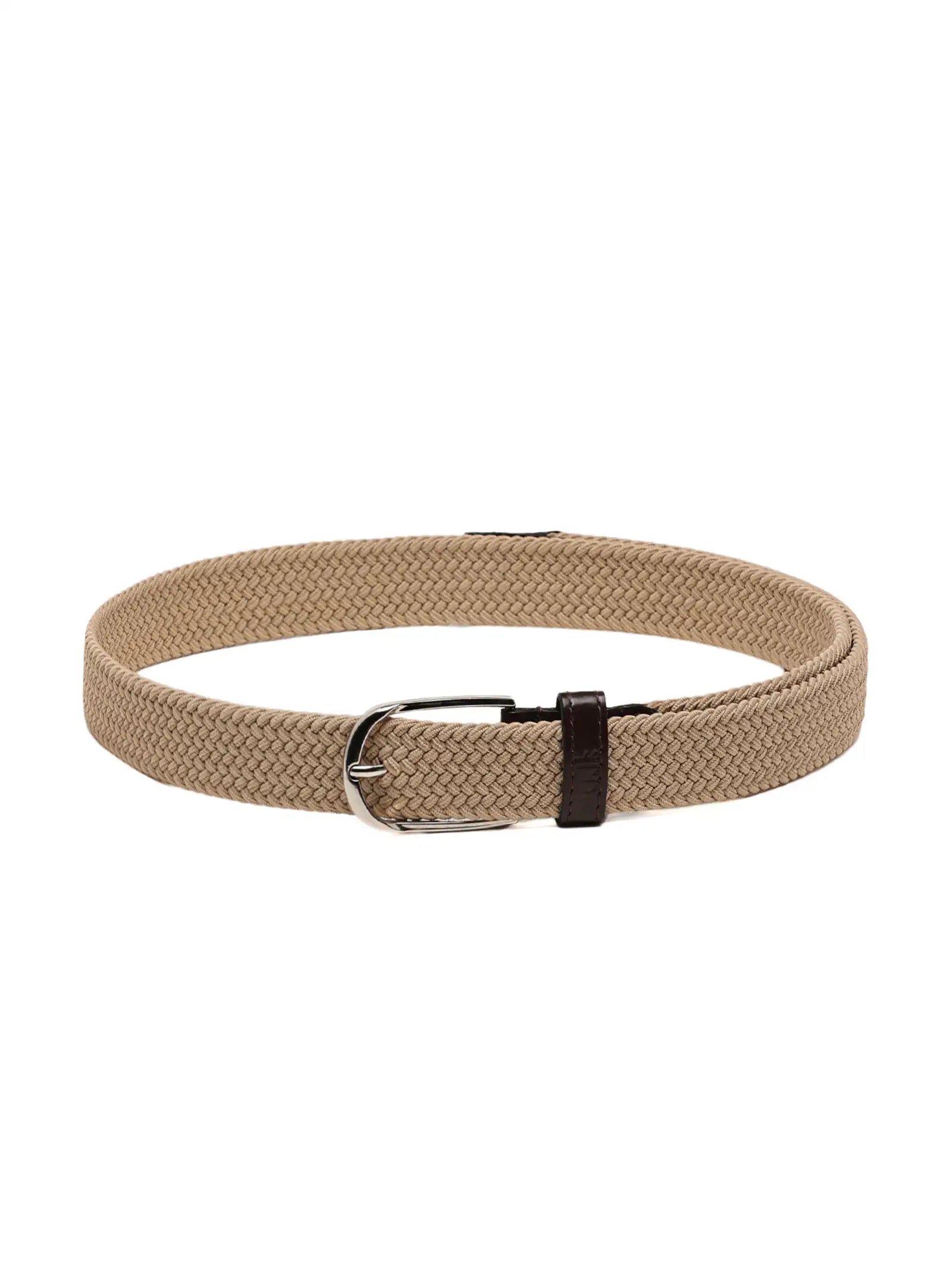 Beige belt with a metal buckle on a white background
