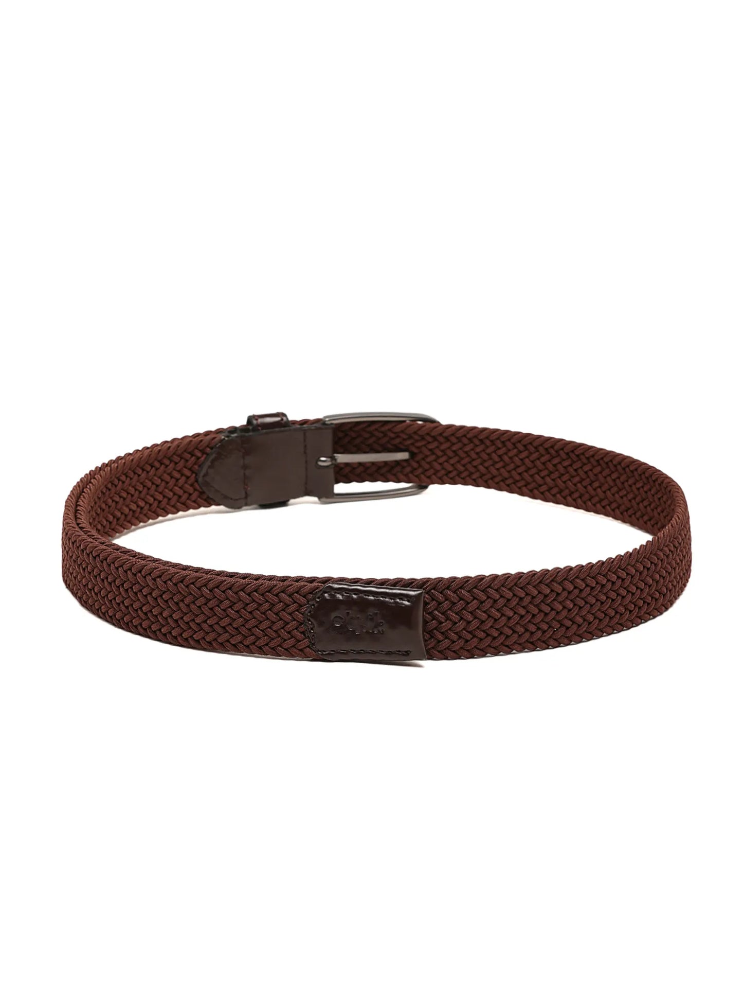 Brown woven belt with a metal buckle on a white background