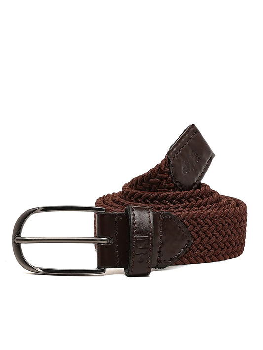 Brown woven belt with black leather tab and buckle on a white background