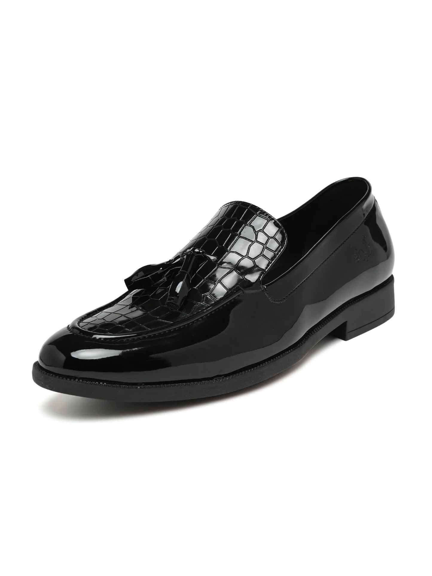 Black patent leather loafer with crocodile texture on a white background