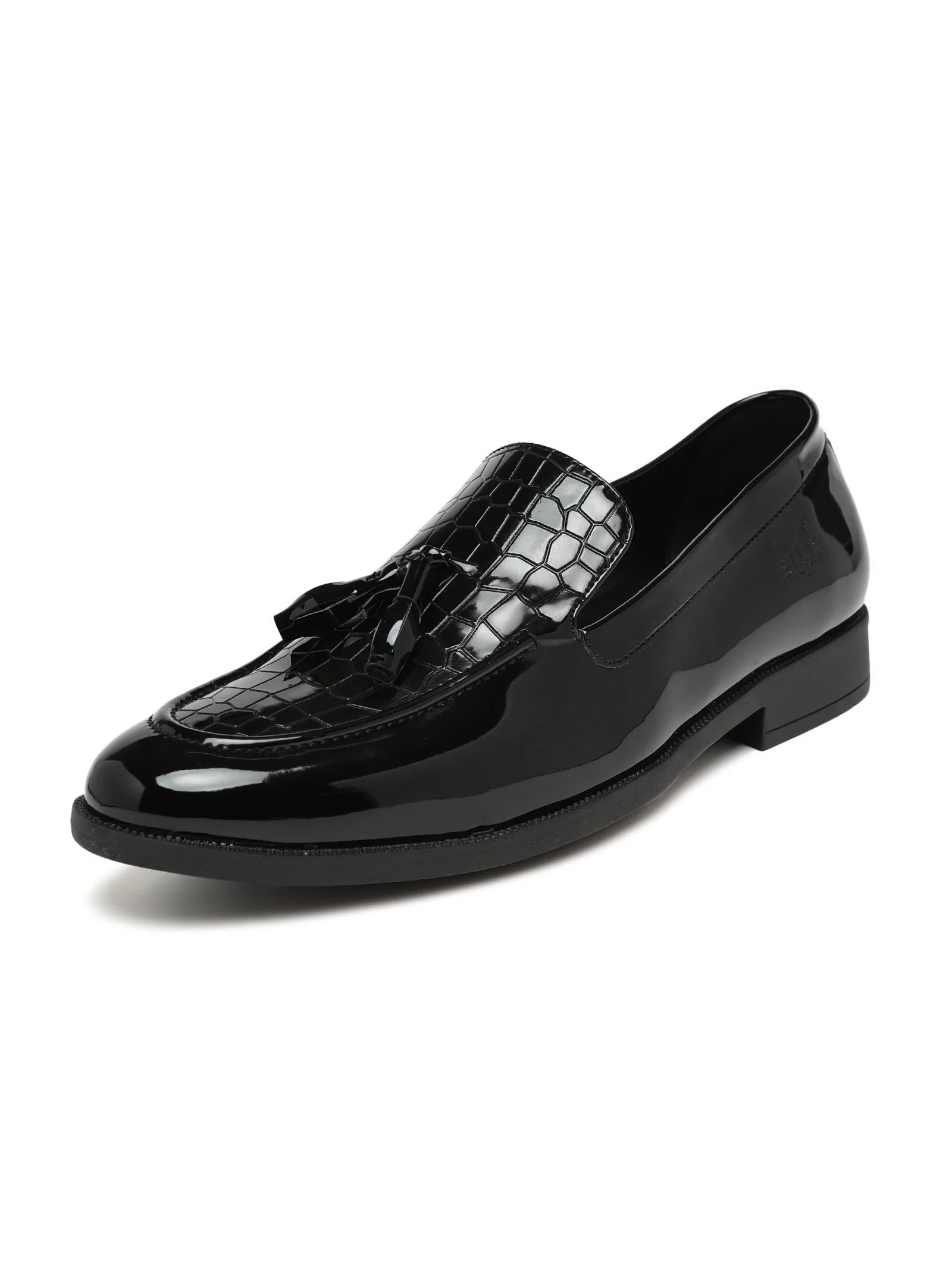 Black patent leather loafer with crocodile texture on a white background
