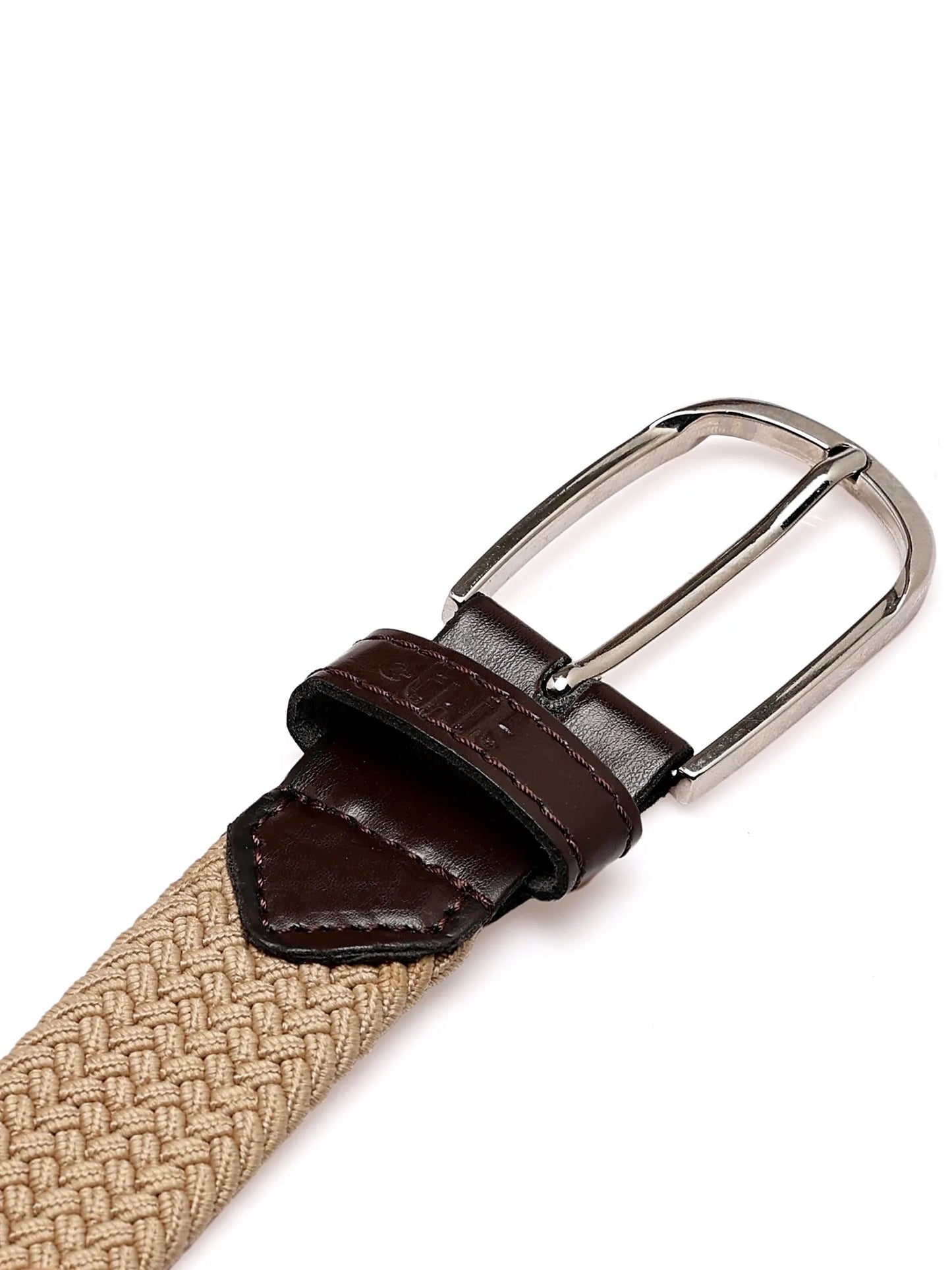 Beige woven belt with a brown leather buckle and silver metal clasp on a white background