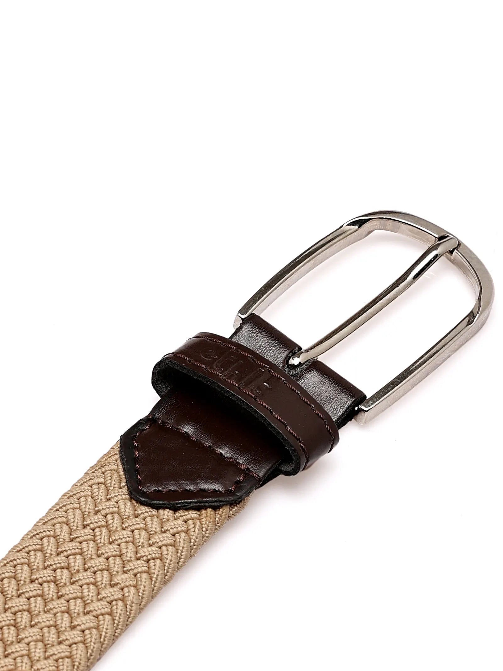 Beige woven belt with a brown leather buckle and silver metal clasp on a white background