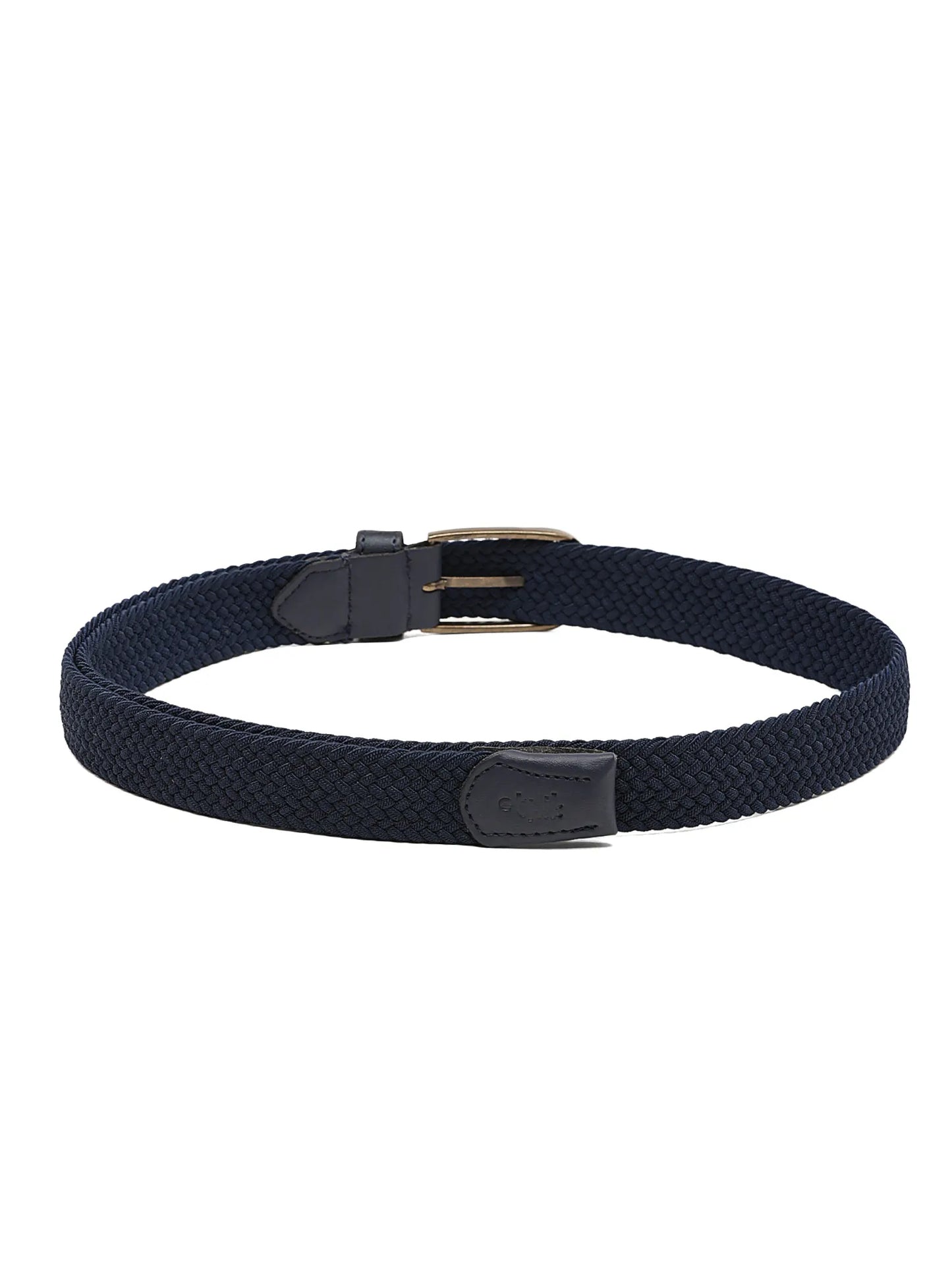 Navy blue woven belt with black buckle on a white background