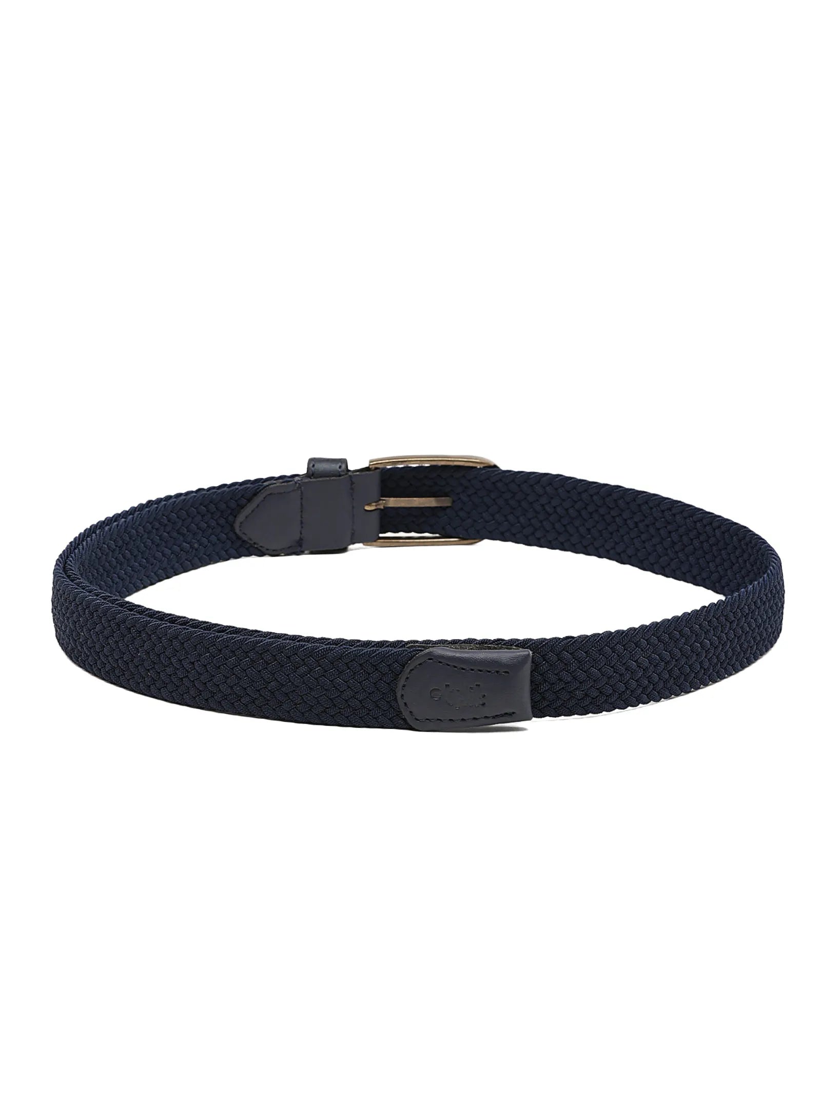 Navy blue woven belt with black buckle on a white background