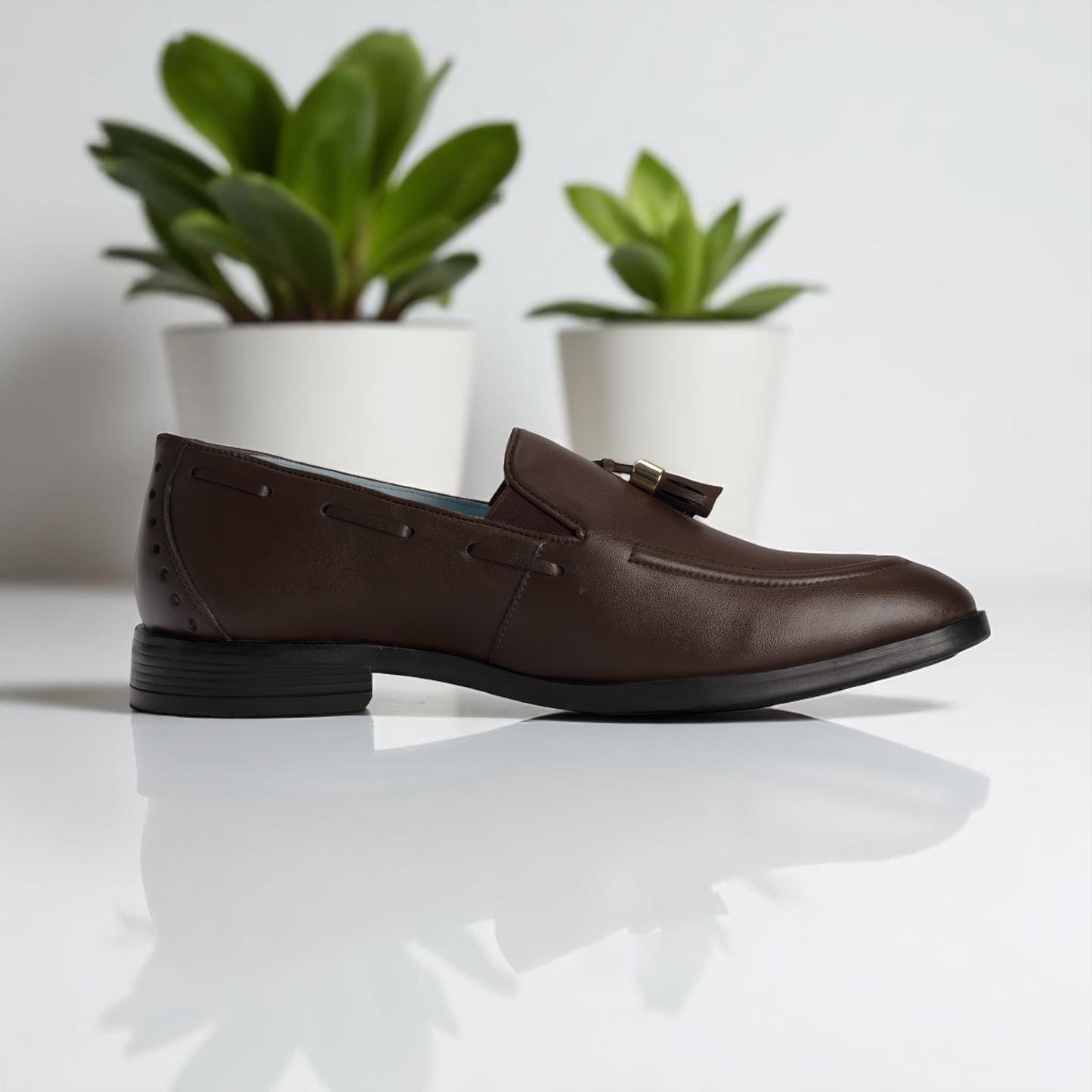 Brown leather loafer shoe on a reflective surface with plants in the background