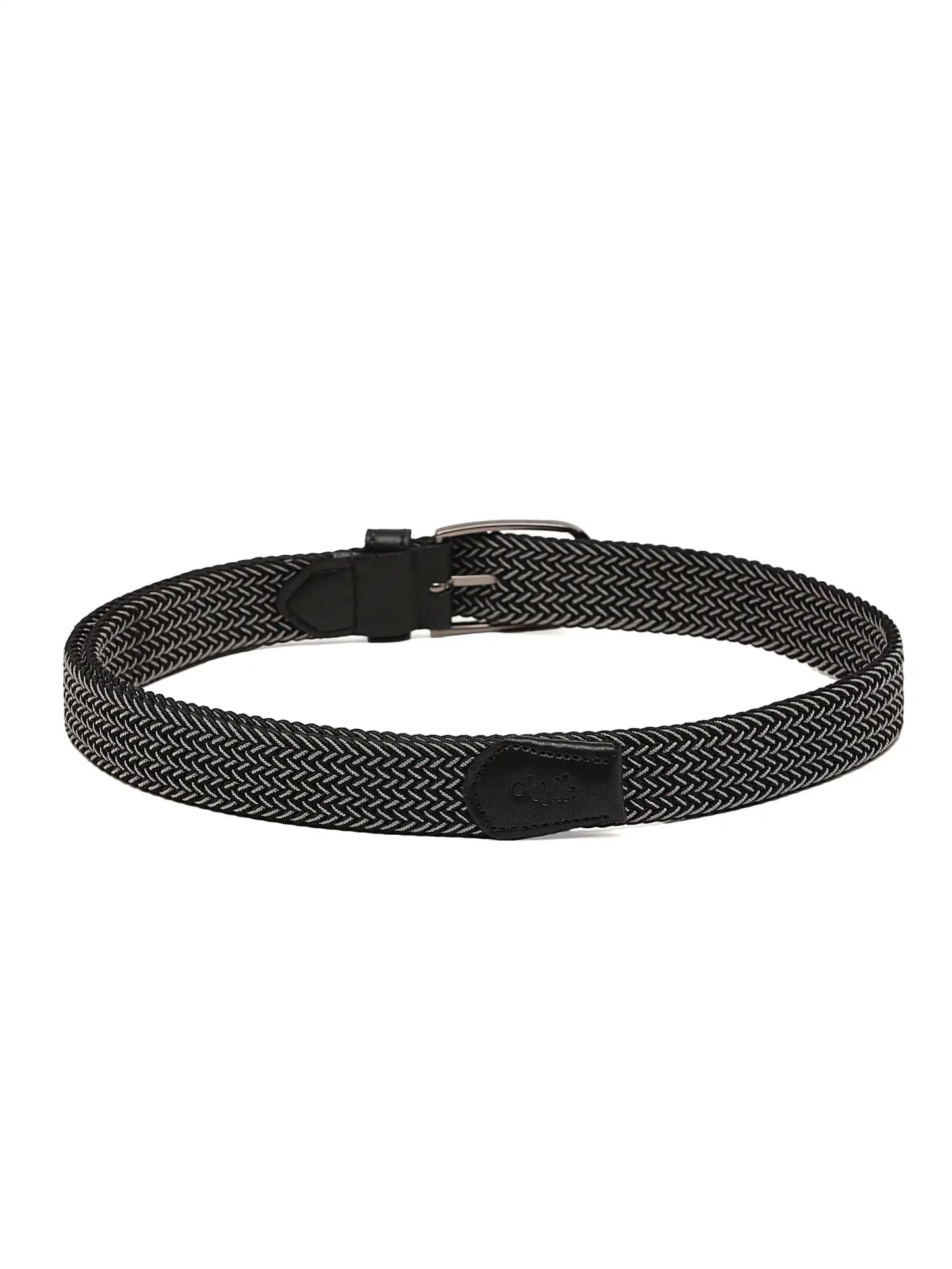 Black woven belt with a buckle on a white background
