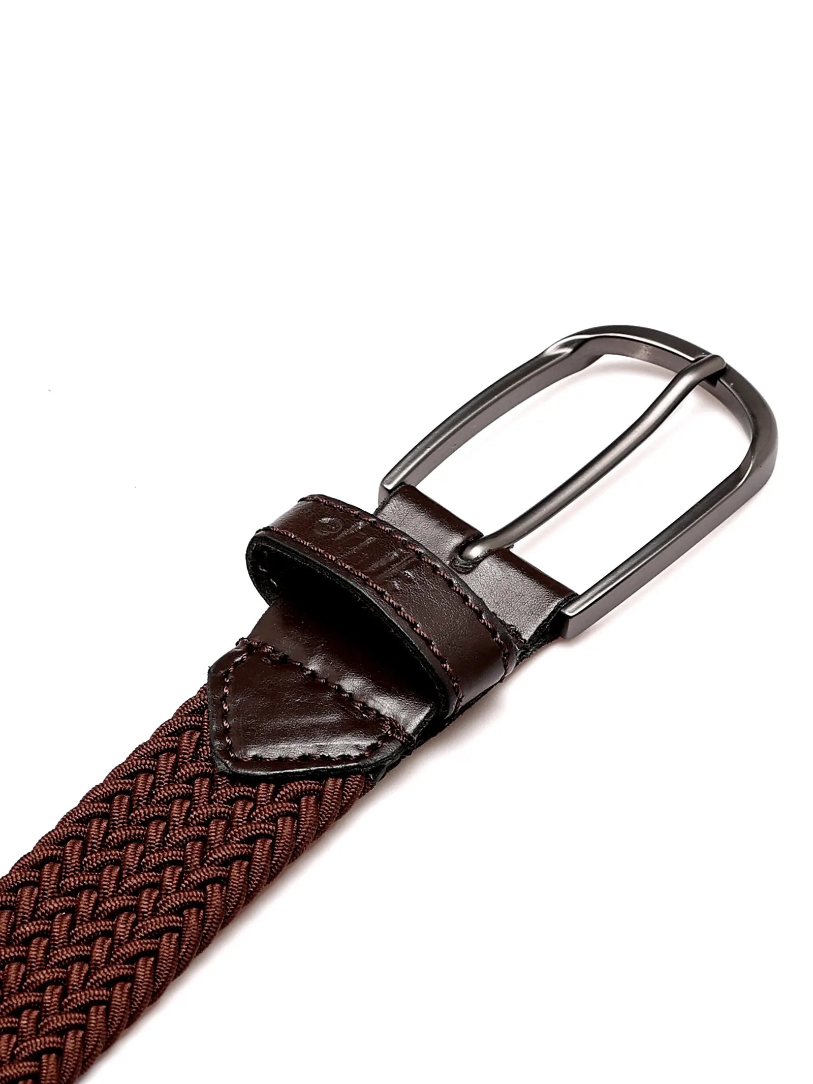 Brown woven belt with a silver buckle on a white background