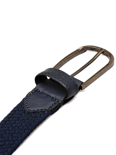Navy blue belt with a bronze buckle on a white background