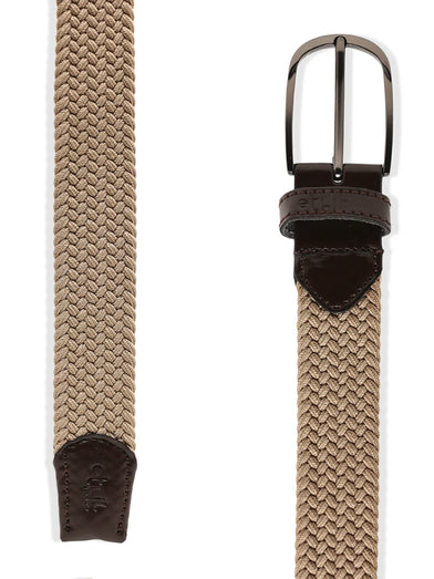 Beige woven belt with brown leather ends and buckle on a white background