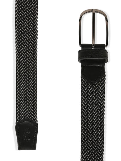 Black woven belt with a silver buckle on a white background