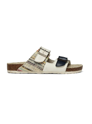 Multicolored sandal with cork sole on a white background