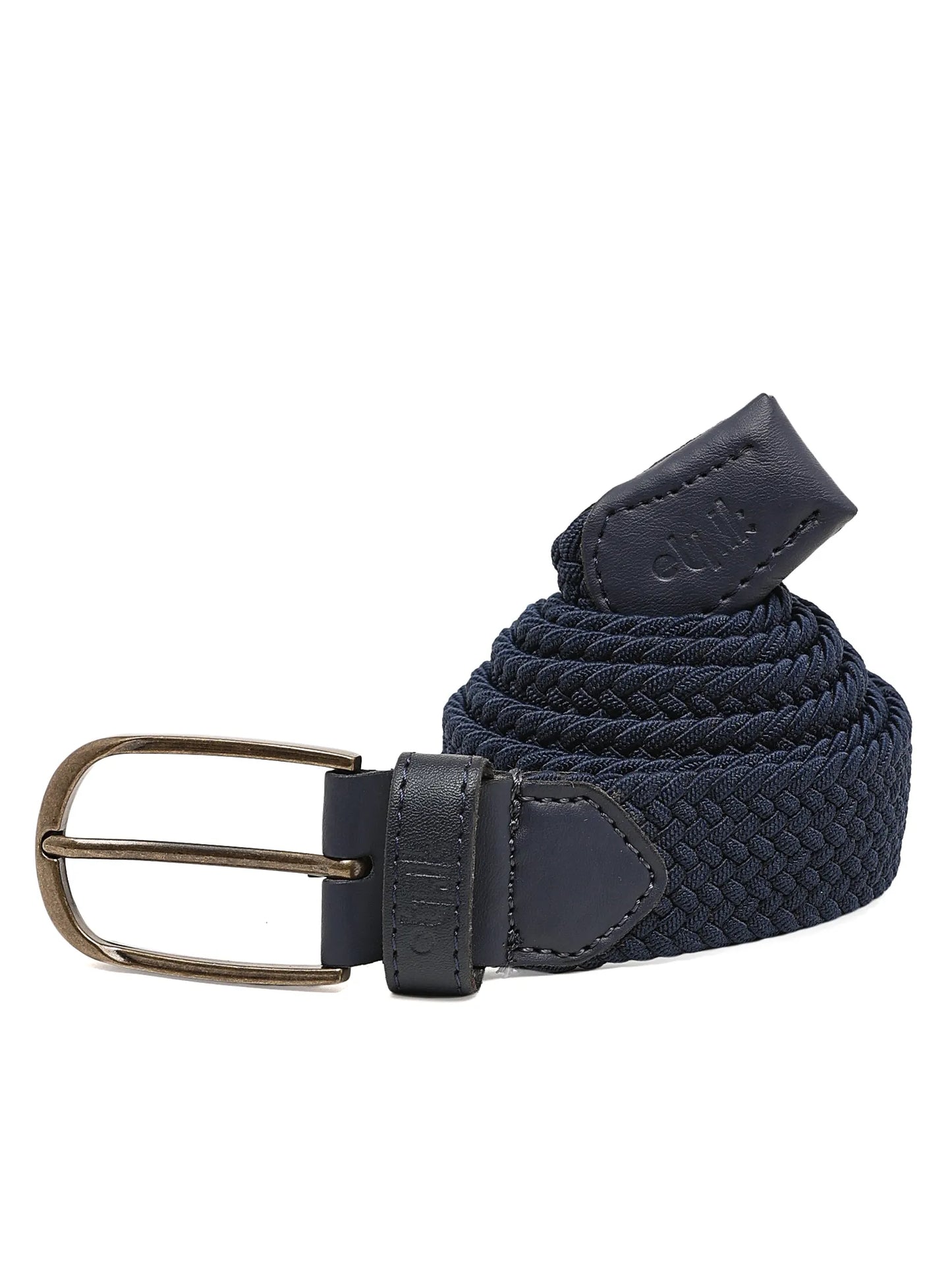 Navy blue braided belt with a gold buckle on a white background
